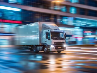 A delivery truck speeds through a brightly lit city street at night, representing fast and efficient urban logistics