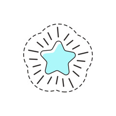 Vector image of a starburst with a light blue star, designed as a sticker with a dashed outline.