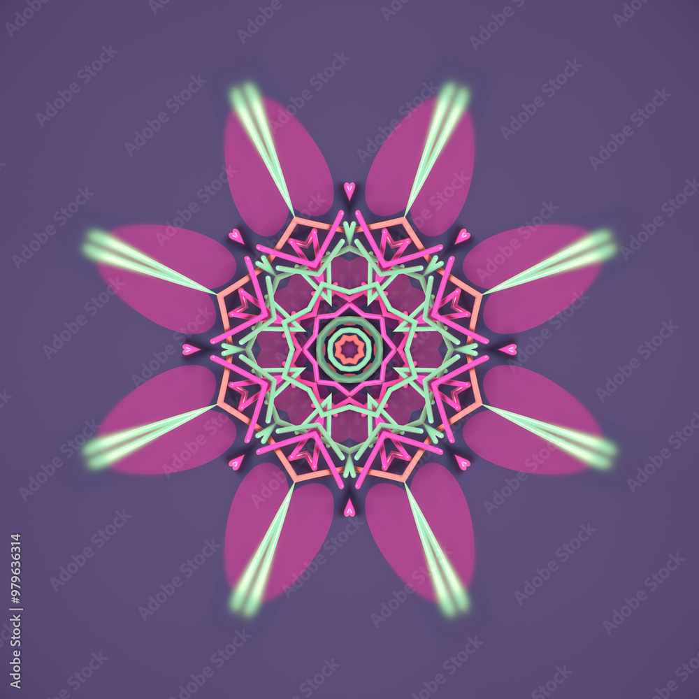 Poster colorful kaleidoscopic digital illustration in the shape of an abstract star. 3d rendering
