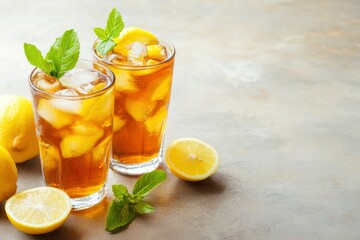 Fototapeta premium Fresh Lemon Iced Tea, copy-space with generative ai