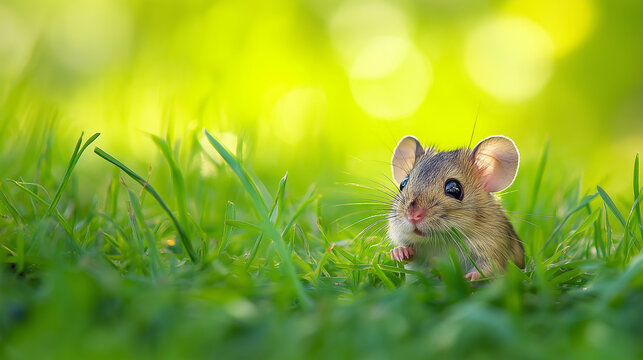 Cute little mouse posing in the green grass