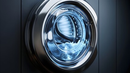 Metallic modern industrial washing machine with chrome door and control panel
