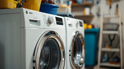 Front-Loading Washing Machine with Dryer in Modern Household Interior