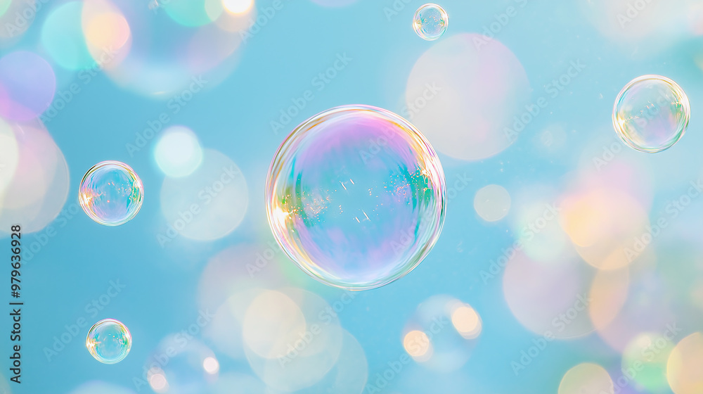 Poster Soap bubbles floating on a blue background with bokeh