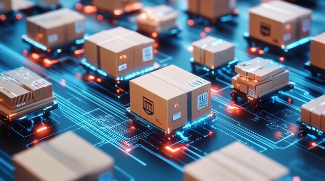 Smart warehouse management system identify package picking and delivery . Future concept of supply chain and logistic business