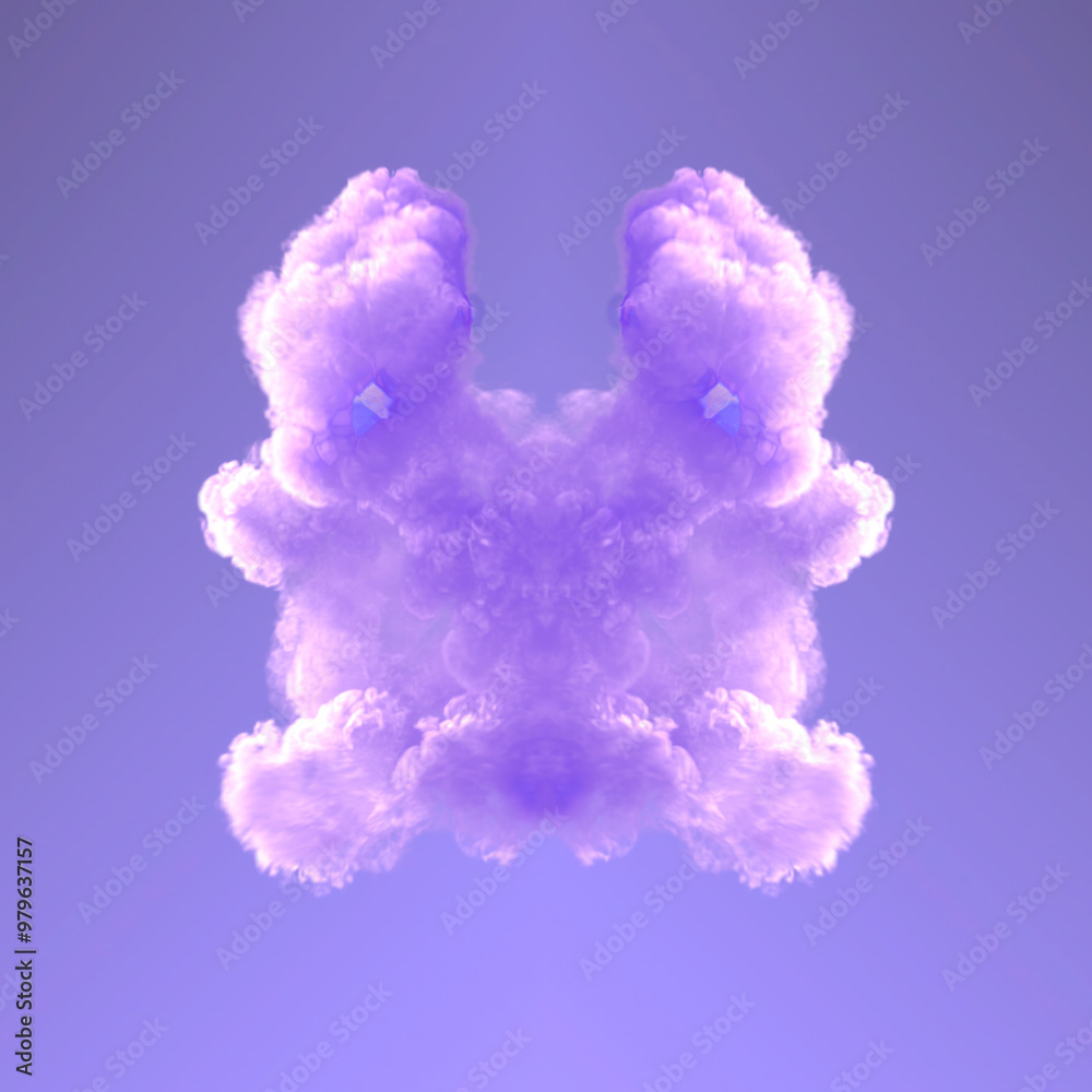 Poster symmetrical abstract background with purple chemical smoke cloud. 3d rendering digital illustration