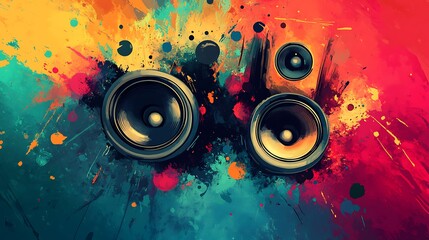 A vibrant abstract design featuring speakers, emphasizing music and creativity.