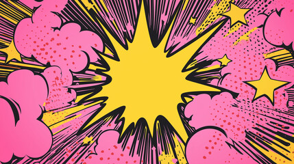 Fototapeta premium Yellow comic book explosion with pink clouds and stars background