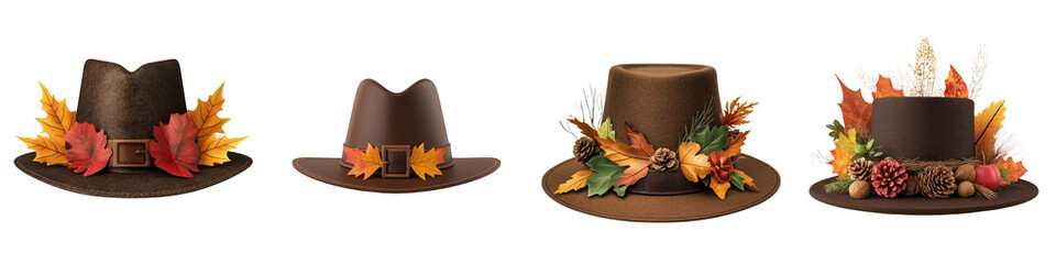 A collection of stylish hats adorned with autumn leaves, perfect for celebrating fall festivities and seasonal fashion.