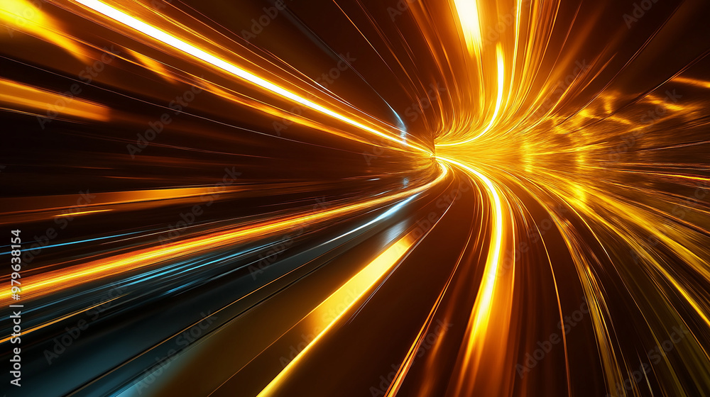 Poster light speeding through futuristic golden tunnel effect