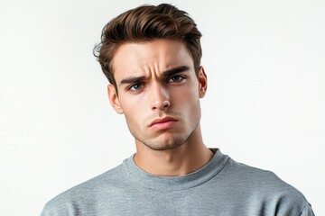 Fototapeta premium Frustrated young man looking at camera isolated over white background. Studio portrait of male face. A young handsome caucasian man poses for the camera with generative ai