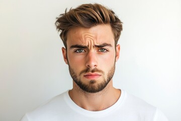 Obraz premium Frustrated young man looking at camera isolated over white background. Studio portrait of male face. A young handsome caucasian man poses for the camera with generative ai