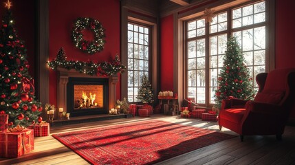 Obraz premium Cozy living room decorated for winter holidays Christmas tree with fireplace and decorations