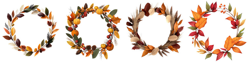 A collection of four beautiful autumn wreaths featuring colorful leaves and natural elements, perfect for seasonal decor.