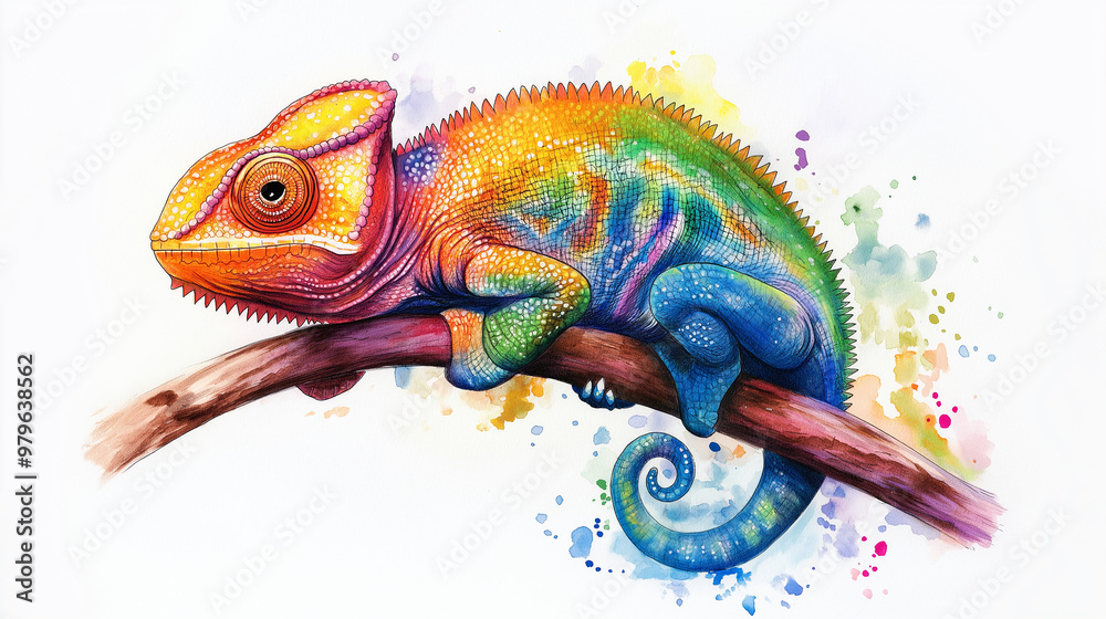 Wall mural Rainbow colored chameleon resting on a branch watercolor painting