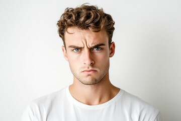 Fototapeta premium Frustrated young man looking at camera isolated over white background. Studio portrait of male face. A young handsome caucasian man poses for the camera with generative ai