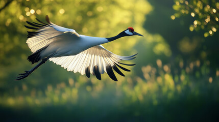 Obraz premium Red-crowned crane flying with open wings in nature