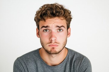 Obraz premium Frustrated young man looking at camera isolated over white background. Studio portrait of male face. A young handsome caucasian man poses for the camera with generative ai
