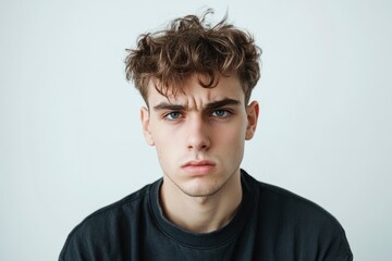 Fototapeta premium Frustrated young man looking at camera isolated over white background. Studio portrait of male face. A young handsome caucasian man poses for the camera with generative ai