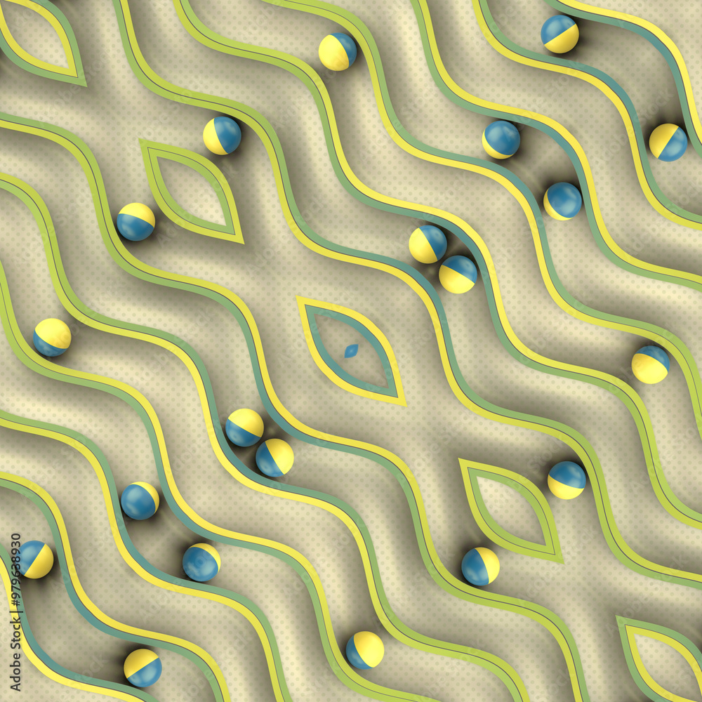 Aufkleber symmetrical composition with two-tone colored balls on a winding path. 3d rendering illustration