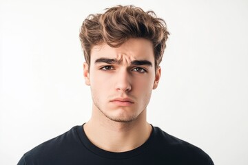 Fototapeta premium Frustrated young man looking at camera isolated over white background. Studio portrait of male face. A young handsome caucasian man poses for the camera with generative ai
