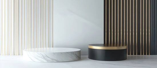 3D rendering of an empty product display scene featuring a cylindrical podium in white light gray and black complemented by golden lines for luxury items against a minimalistic top view background