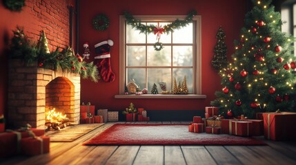 Cozy living room decorated for winter holidays Christmas tree with fireplace and decorations