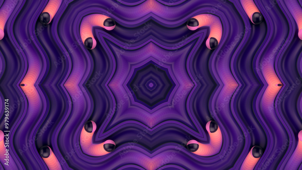 Poster kaleidoscopic wavy purple background with two-tone balls. 3d rendering digital illustration