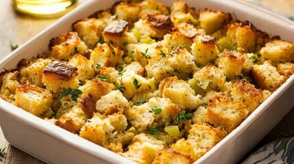 Homemade Thanksgiving Stuffing in a White Baking Dish