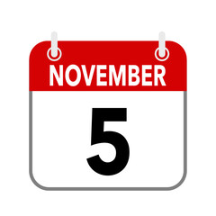 5 November, calendar date icon on white background.