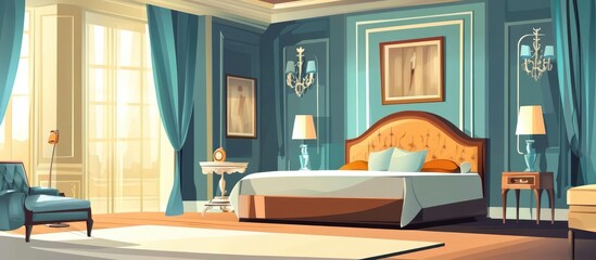 Elegant luxury bedroom design featuring furnishings lighting and air conditioning Flat style illustration
