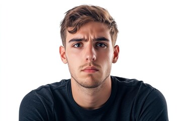 Fototapeta premium Frustrated young man looking at camera isolated over white background. Studio portrait of male face. A young handsome caucasian man poses for the camera with generative ai