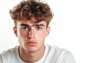 Fototapeta premium Frustrated young man looking at camera isolated over white background. Studio portrait of male face. A young handsome caucasian man poses for the camera with generative ai