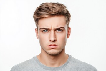 Obraz premium Frustrated young man looking at camera isolated over white background. Studio portrait of male face. A young handsome caucasian man poses for the camera with generative ai