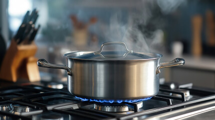 Large pot simmering on a stovetop burner in a modern kitchen