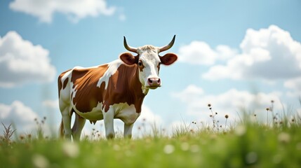 Fototapeta premium Cow Grazing Under Blue Sky on Lush Green Grass Organic Farming Concept