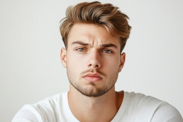 Obraz premium Frustrated young man looking at camera isolated over white background. Studio portrait of male face. A young handsome caucasian man poses for the camera with generative ai