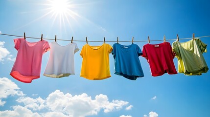 Colorful Clothing Hanging on Clothesline Against Vibrant Sky