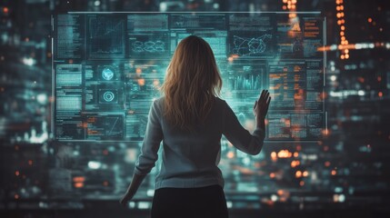 Digital interface woman uses futuristic screen display.