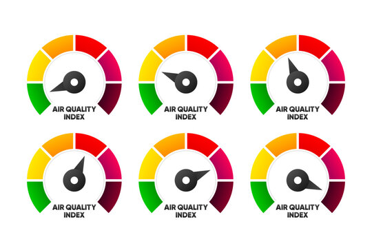 Air Pollution meter. Air Quality Index scale. Low and High level. Gauge with quality index dial showing. Vector illustration.