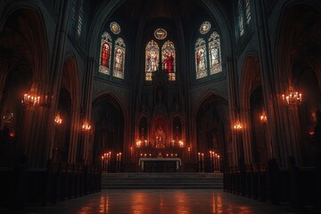 Interior of a dimly lit church with stained glass windows and candlelight