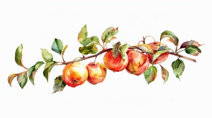 Watercolor painting of a branch of apple fruit with leaf