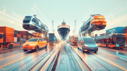Future logistics center, gathering center for high-speed trains, electric vehicles, monorails, cargo ships, buses, and trucks, modern transportation, stylish and minimalist design.
