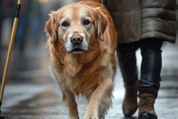 Guide dog close-up next to visually impaired or blind woman, purebred assistant