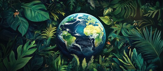 Artistic depiction of the Earth surrounded by foliage and wildlife A conceptual design highlighting nature and the preservation of the planet and its fauna