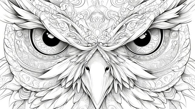 Zentangle style owl illustration filled with decorative patterns designed for adult coloring book pages and stress relief ink drawing