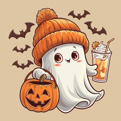 2d vector illustration Halloween t shirt icon design items ghost character Candles in carved pumpkin
