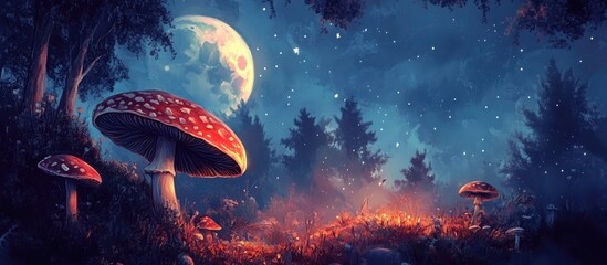 Surreal mushroom landscape in a whimsical wonderland featuring a moon 2d illustration of enchanting mushrooms in a magical forest ideal for a book cover Captivating nature scenery