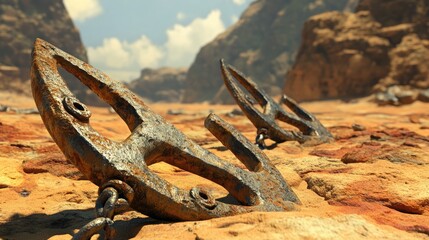 Surreal desert landscape featuring weathered metal anchors A creative and realistic 3D illustration