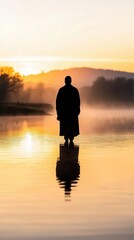 Fototapeta premium Jesus standing by a river at dawn, serene water reflecting his peaceful figure, symbolizing purity